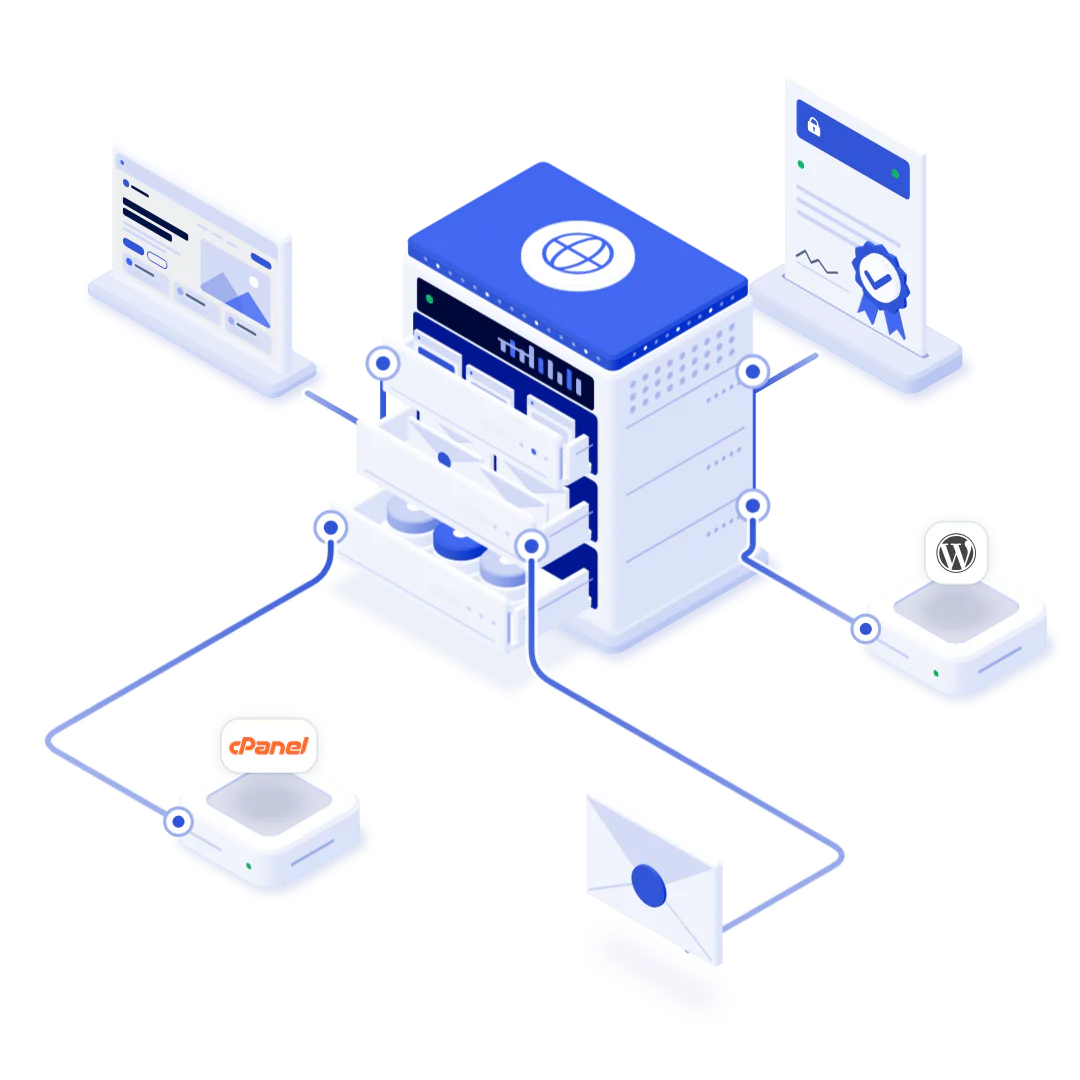 Un servidor de hosting conectado a tu web, cPanel, el certificado SSL, el correo y WordPress.