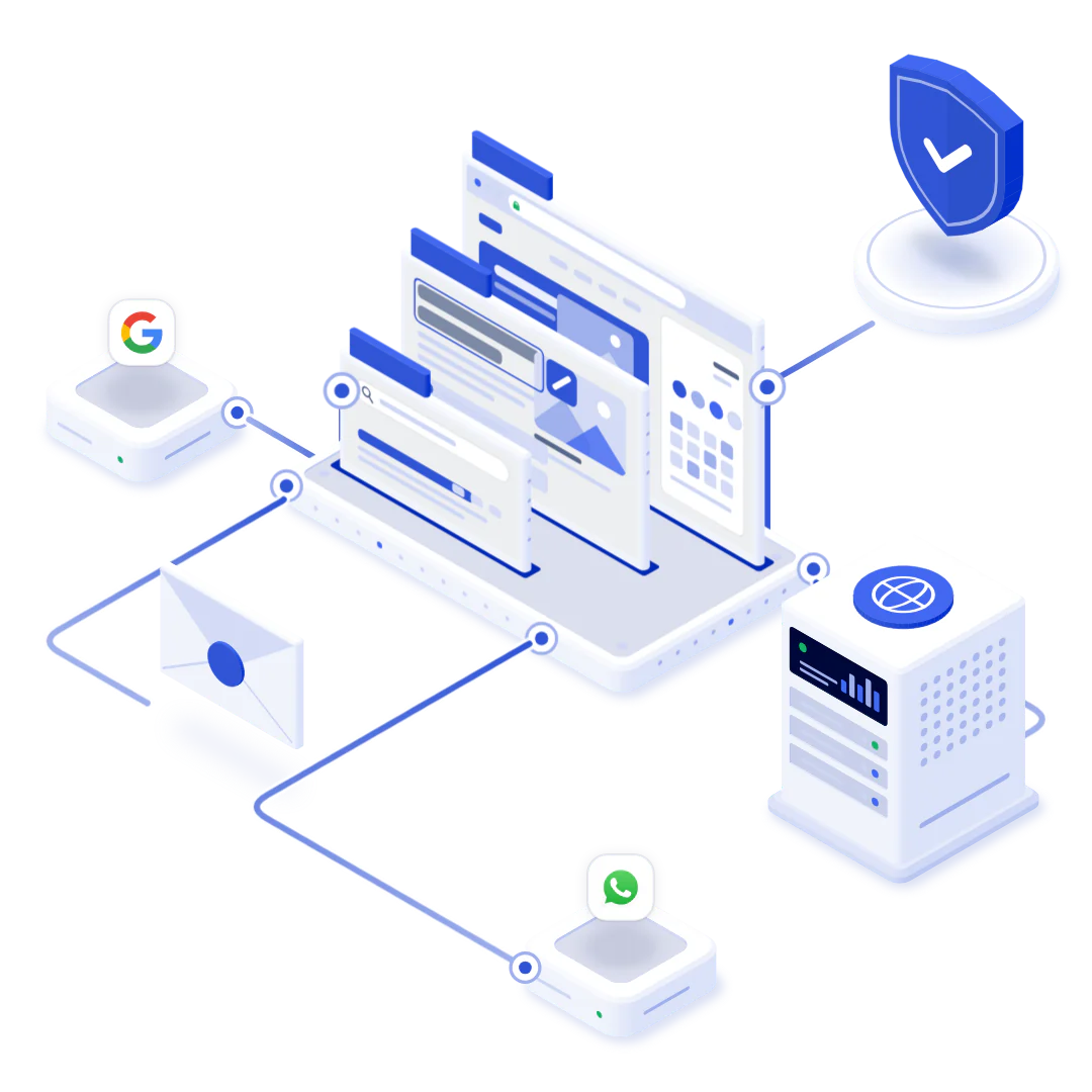 Una web en capas unida a Google, el correo, WhatsApp, el certificado SSL y el hosting.