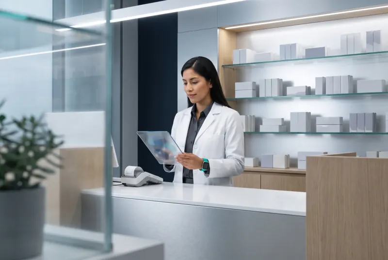 Farmacéutica con bata revisa una tablet en el mostrador de una farmacia.