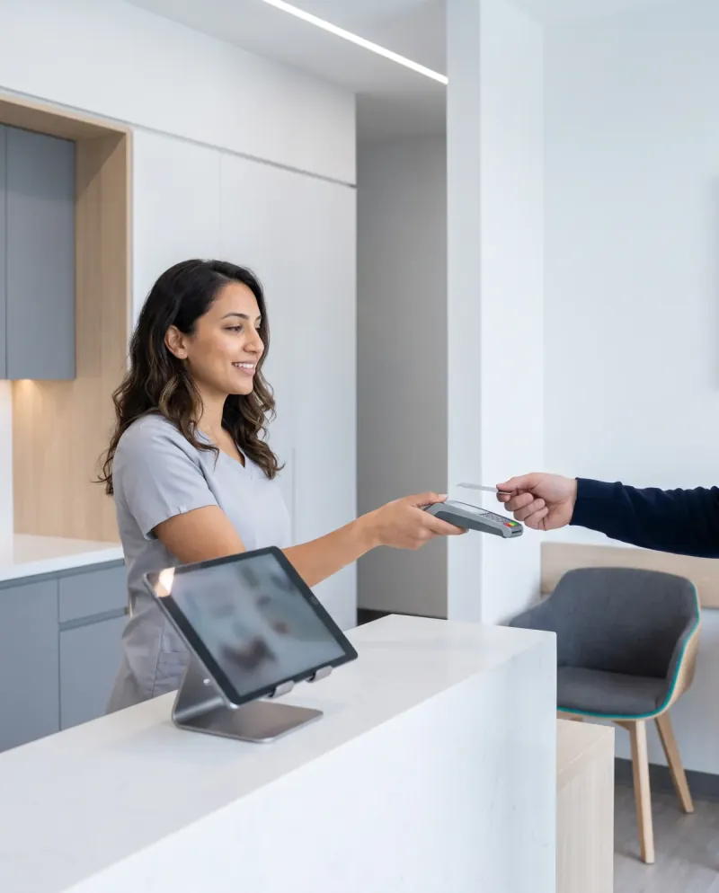 Recepcionista de una clínica dental cobra con tarjeta en el mostrador.