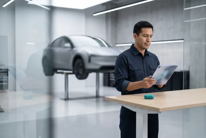 Jefe de taller revisa una tablet con un auto elevado al fondo.
