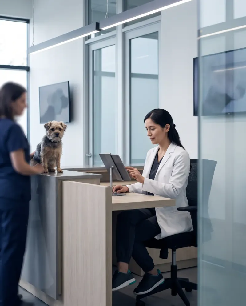 Veterinaria en su escritorio mientras una asistente atiende a un perro en el mostrador.