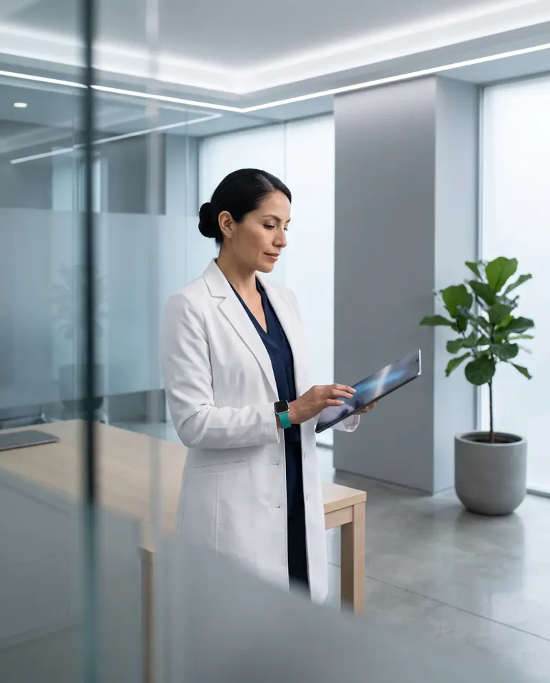 Doctora con bata revisa una tablet en su consultorio.
