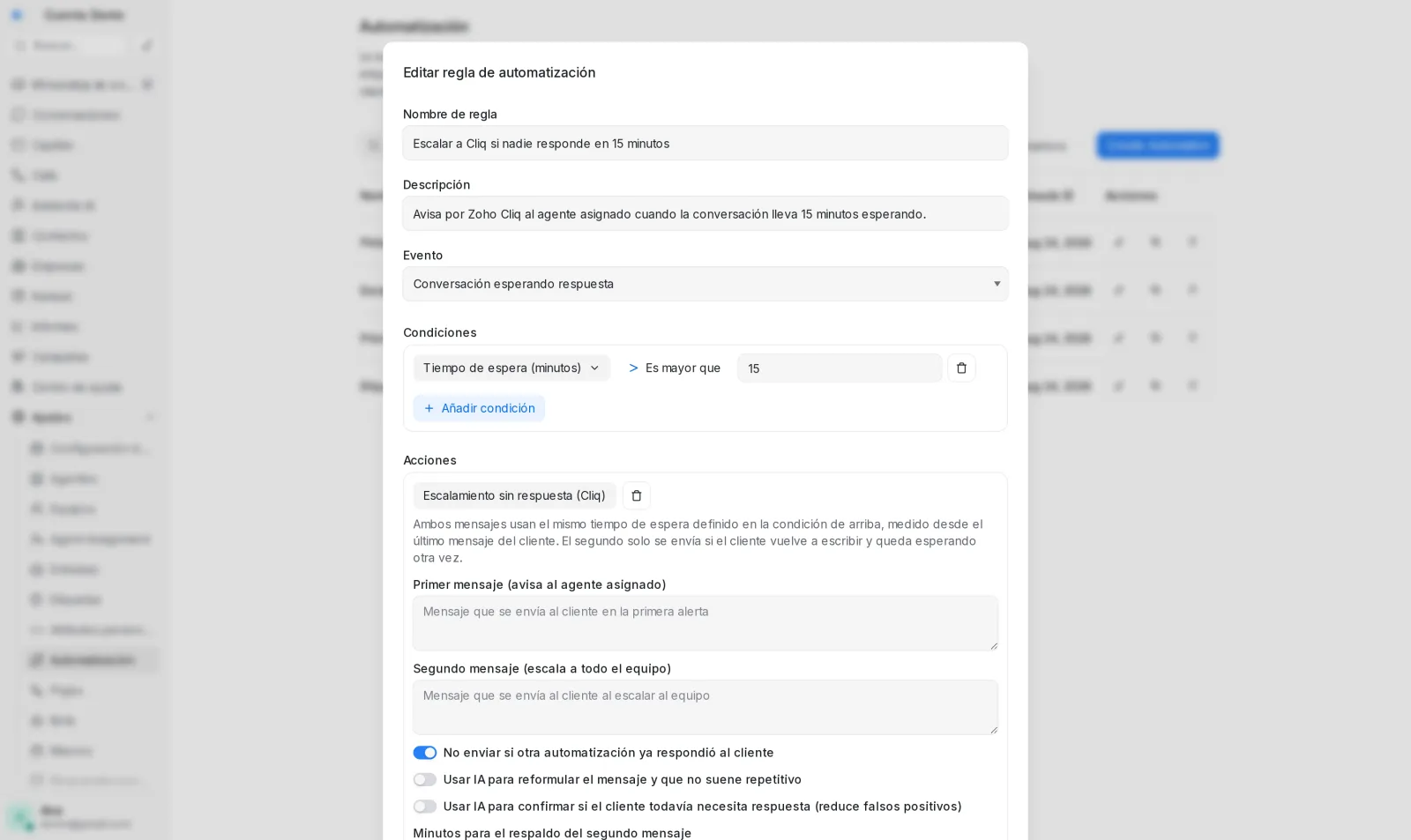 Regla de automatización con el evento Conversación esperando respuesta y la condición de minutos de espera