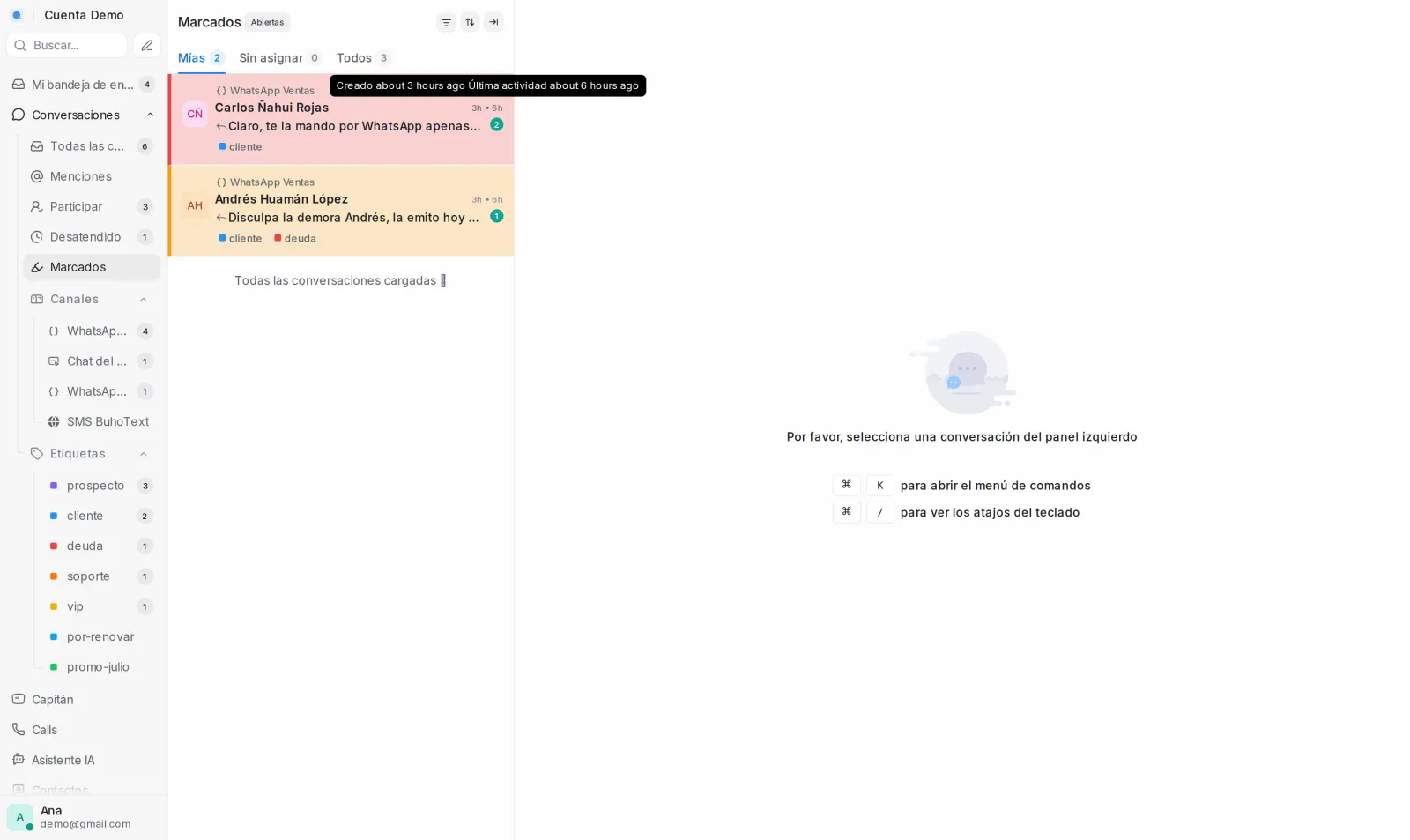 Vista Marcados con las conversaciones que las automatizaciones señalaron con color