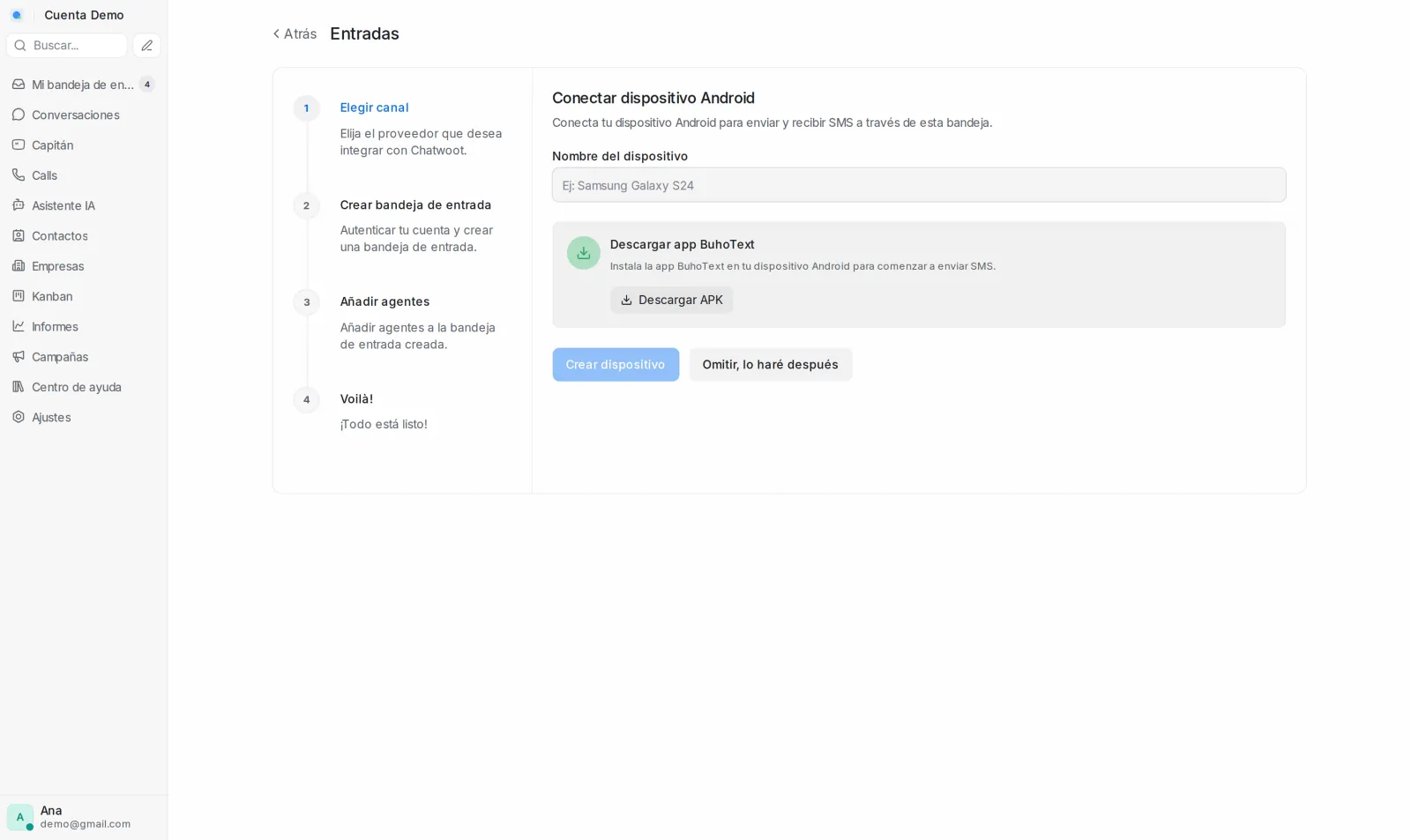 Paso de conexión del dispositivo Android en el asistente de BuhoText, con la descarga del APK