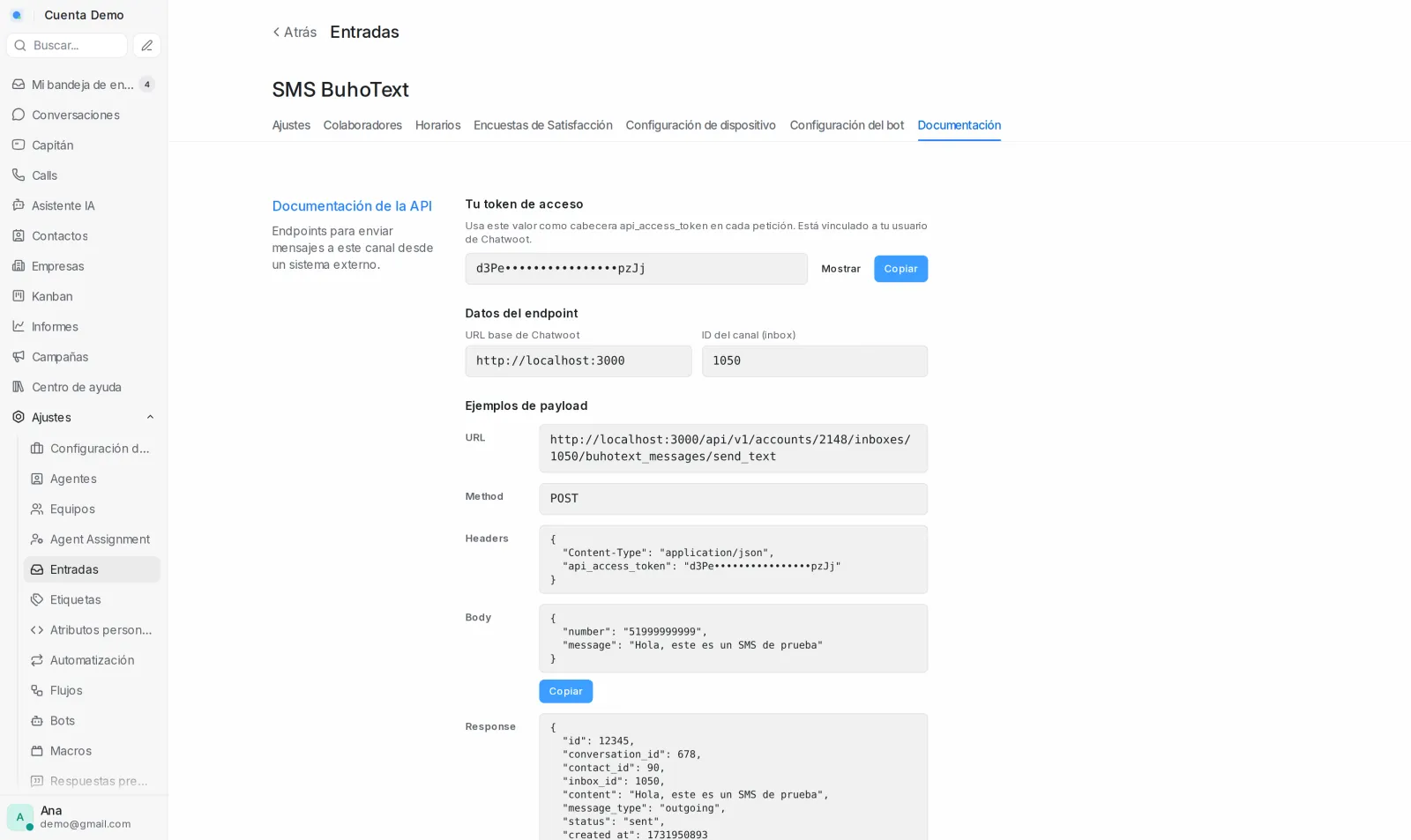 Pestaña Documentación de la API de una bandeja BuhoText con el endpoint para enviar SMS desde otro sistema