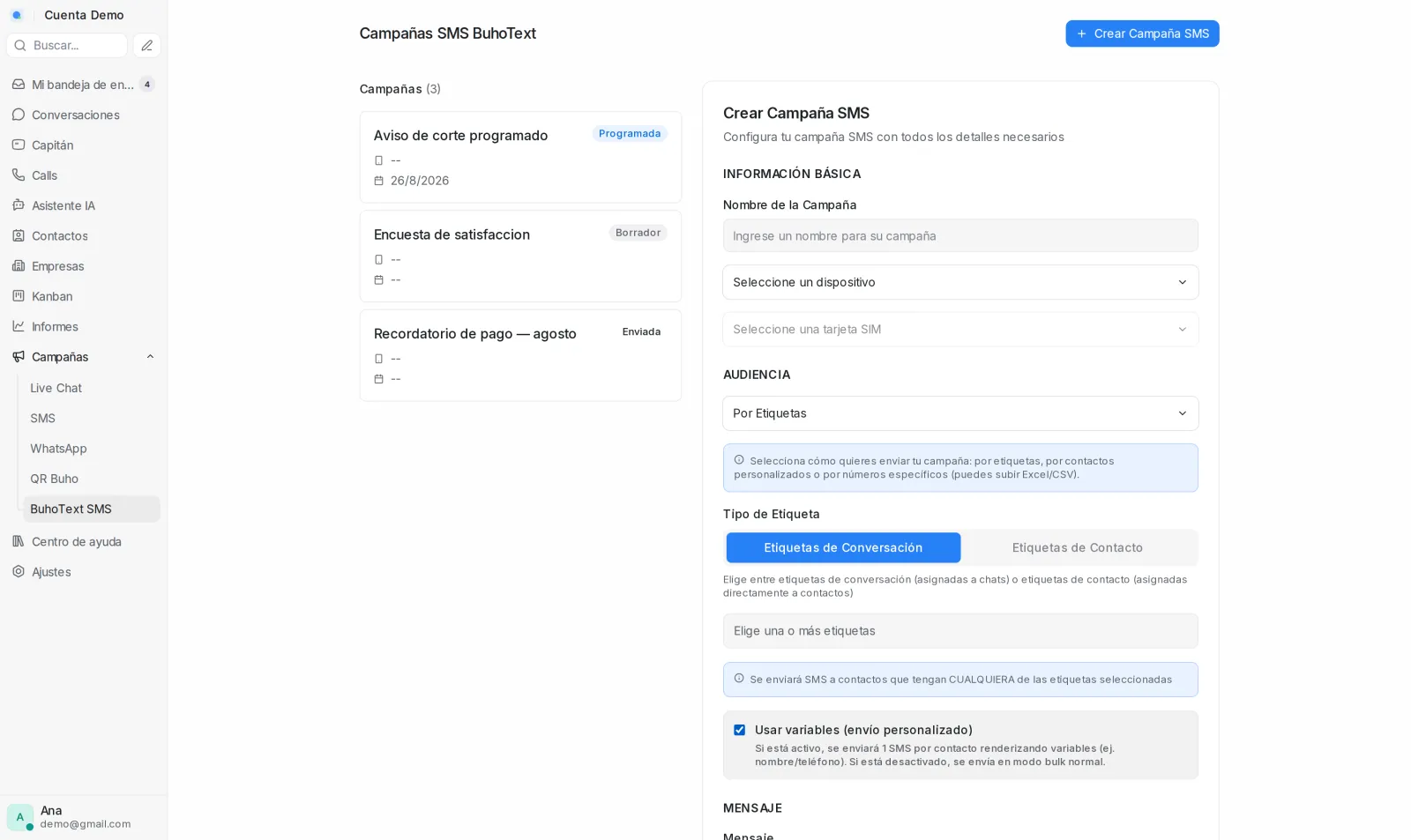Variables disponibles en una campaña de SMS con el envío personalizado activo