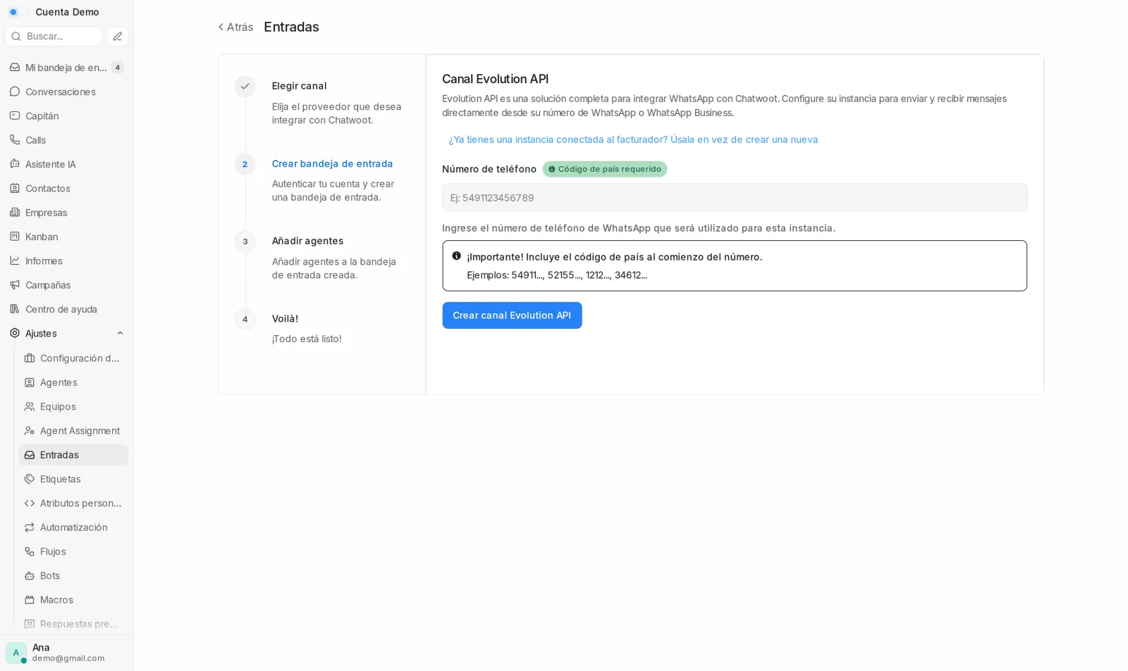 Formulario del canal Evolution API con el selector de país y el campo del número de teléfono