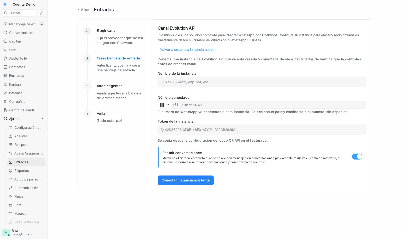 Formulario para conectar una instancia de Evolution API existente: nombre, número conectado y token
