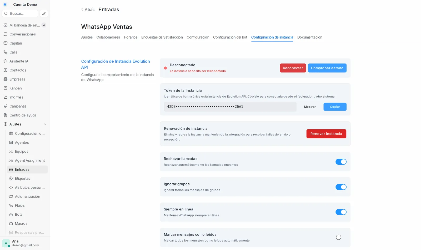 Pestaña Configuración de instancia con el estado de conexión, el token enmascarado, la renovación y los interruptores