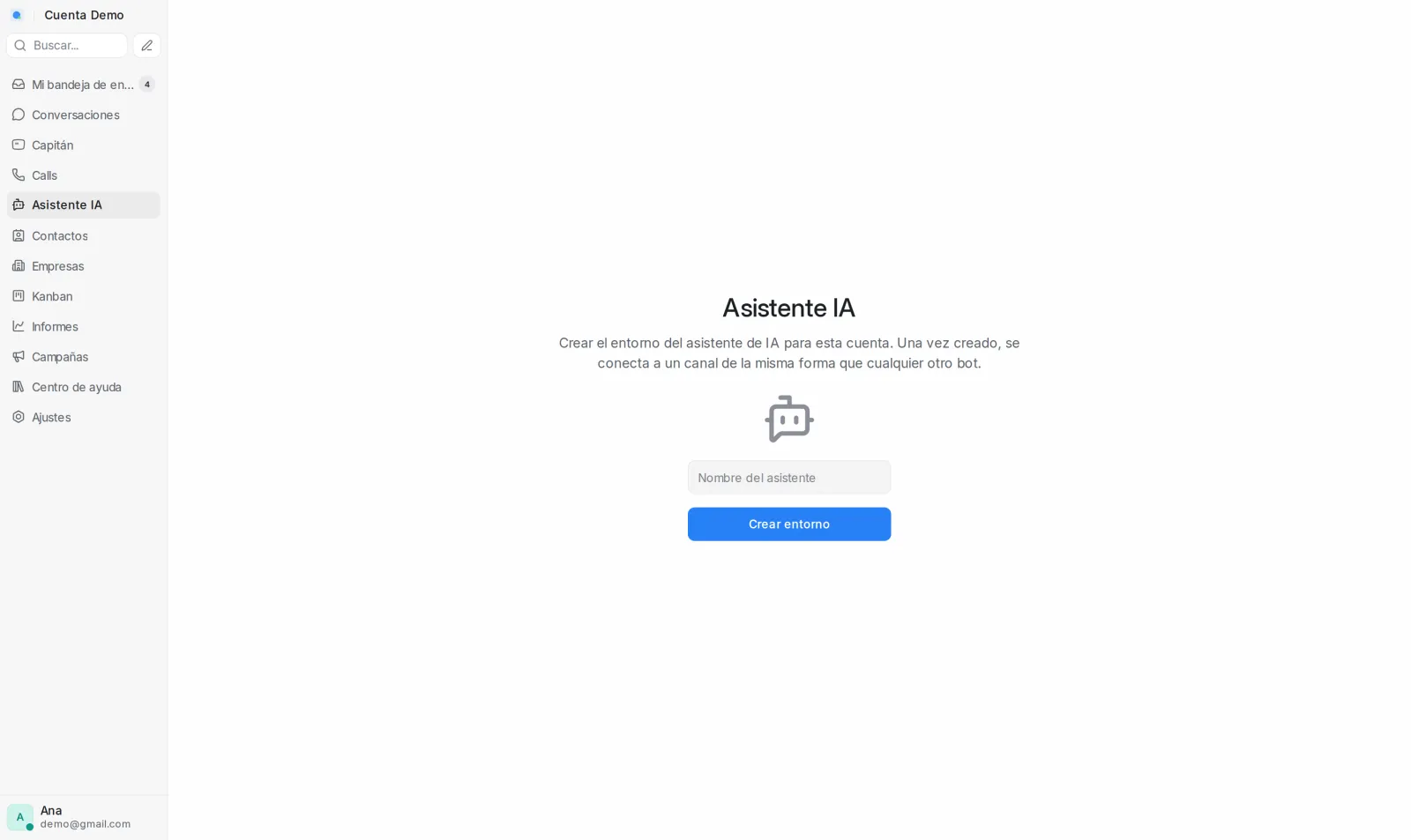 Módulo Asistente IA con la pantalla para crear el entorno del asistente de la cuenta