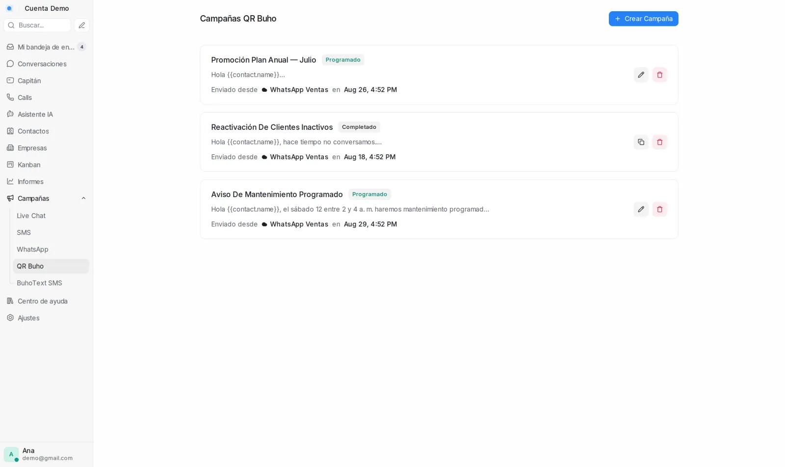 Lista de campañas por QR con el estado, la bandeja de salida y la fecha de cada una