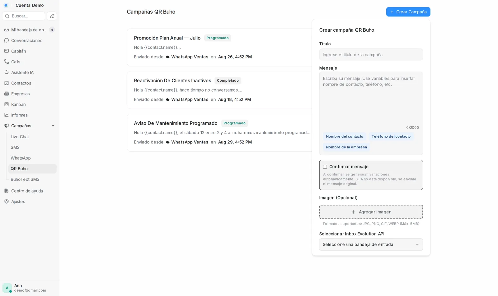 Diálogo para crear una campaña por WhatsApp QR con título, mensaje, variables, imagen y bandeja de salida