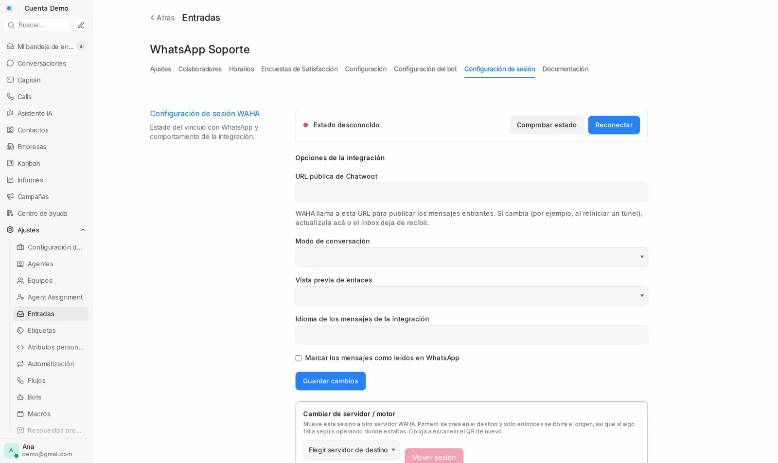 Pestaña Configuración de sesión WAHA con el estado, las opciones de la integración y el cambio de servidor