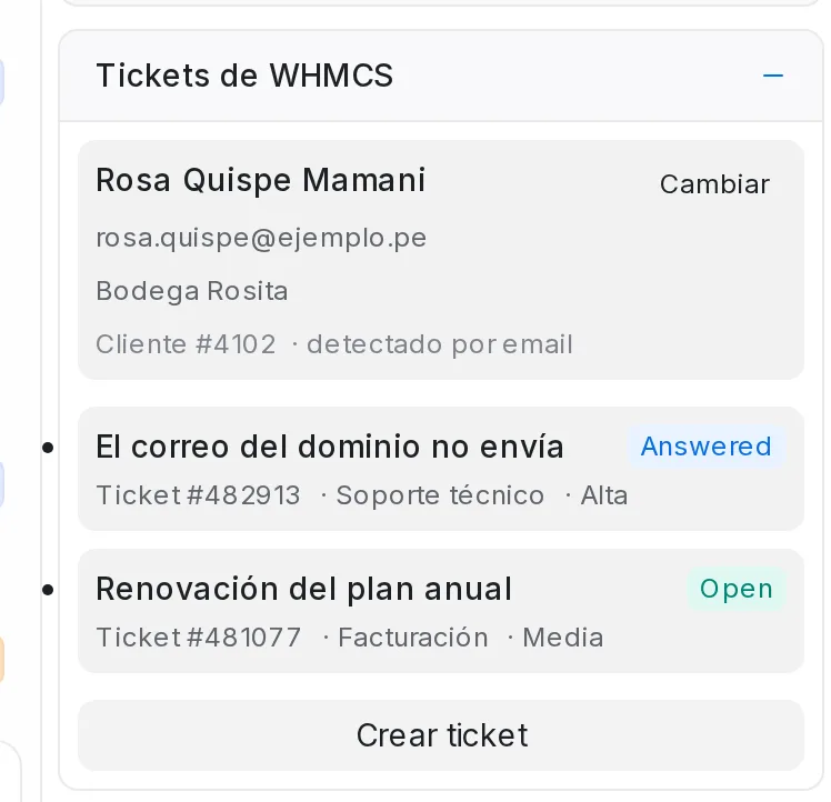 Panel del cliente de WHMCS asociado a la conversación, con su número, nombre, correo y empresa