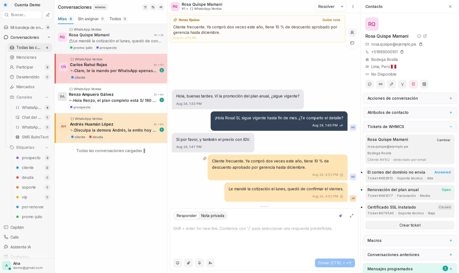 Conversación con una nota fijada sobre el hilo y el panel Tickets de WHMCS a la derecha con el cliente asociado
